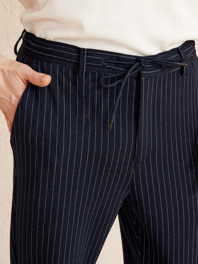 Beli Bağcıklı Slim Fit Çizgili Pantolon - Thumbnail (2)