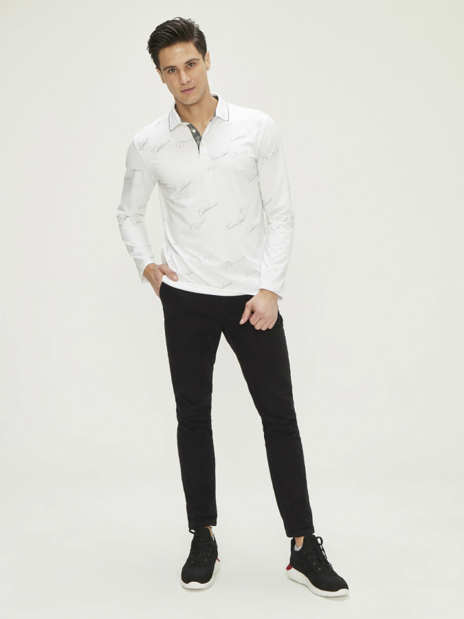 Polo Yaka Baskılı Modal Uzun Kollu Slim Fit Tişört