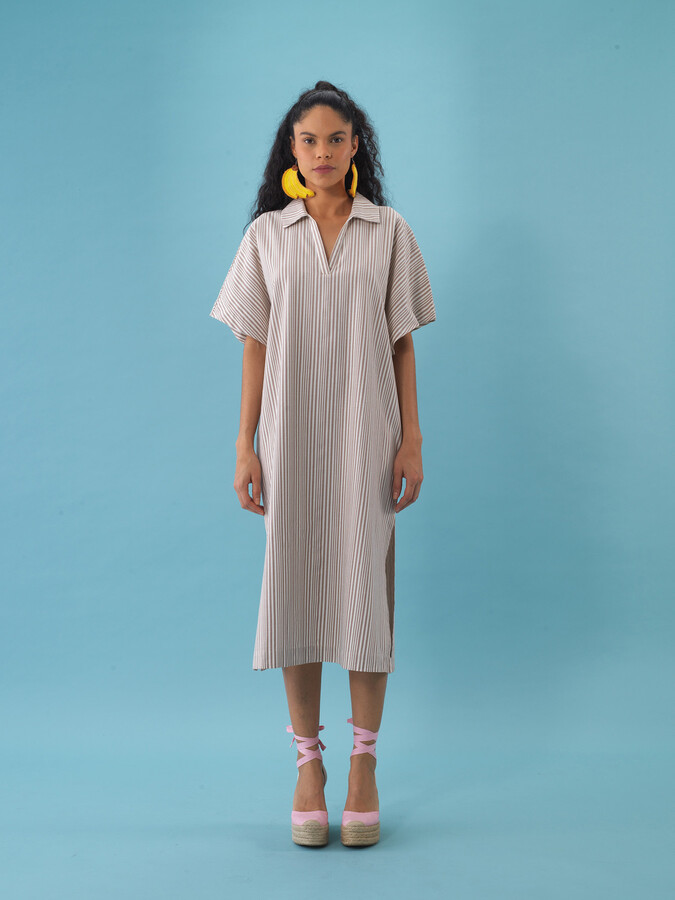 XINT - Pamuk Keten Karışımlı Oversize Çizgili Elbise