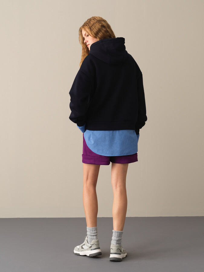 Kapüşonlu Pamuklu Oversize Basic Sweatshirt - Thumbnail (4)